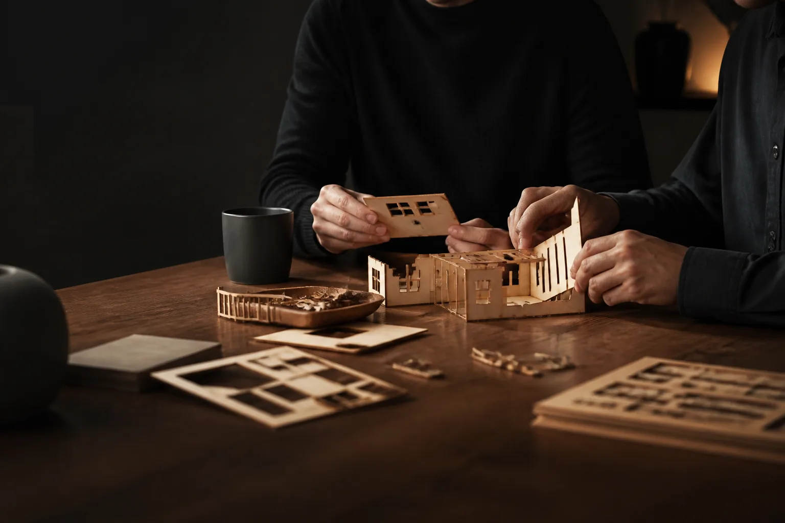 Two people assembling wooden pieces together at home